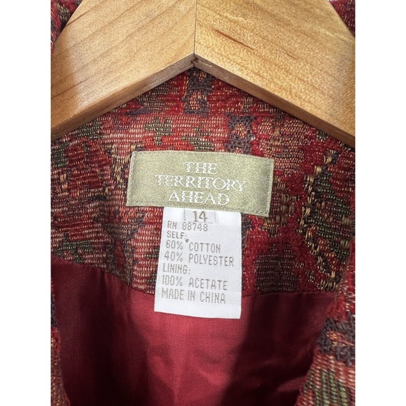 The Territory Ahead Red Print Tapestry Vest Zip Front Side Tabs Lined Size 14 - Picture 2 of 8